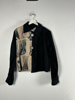 Vintage Beppa Abstract Black Beige Artistic Print Linen Jacket Medium Art Wear
